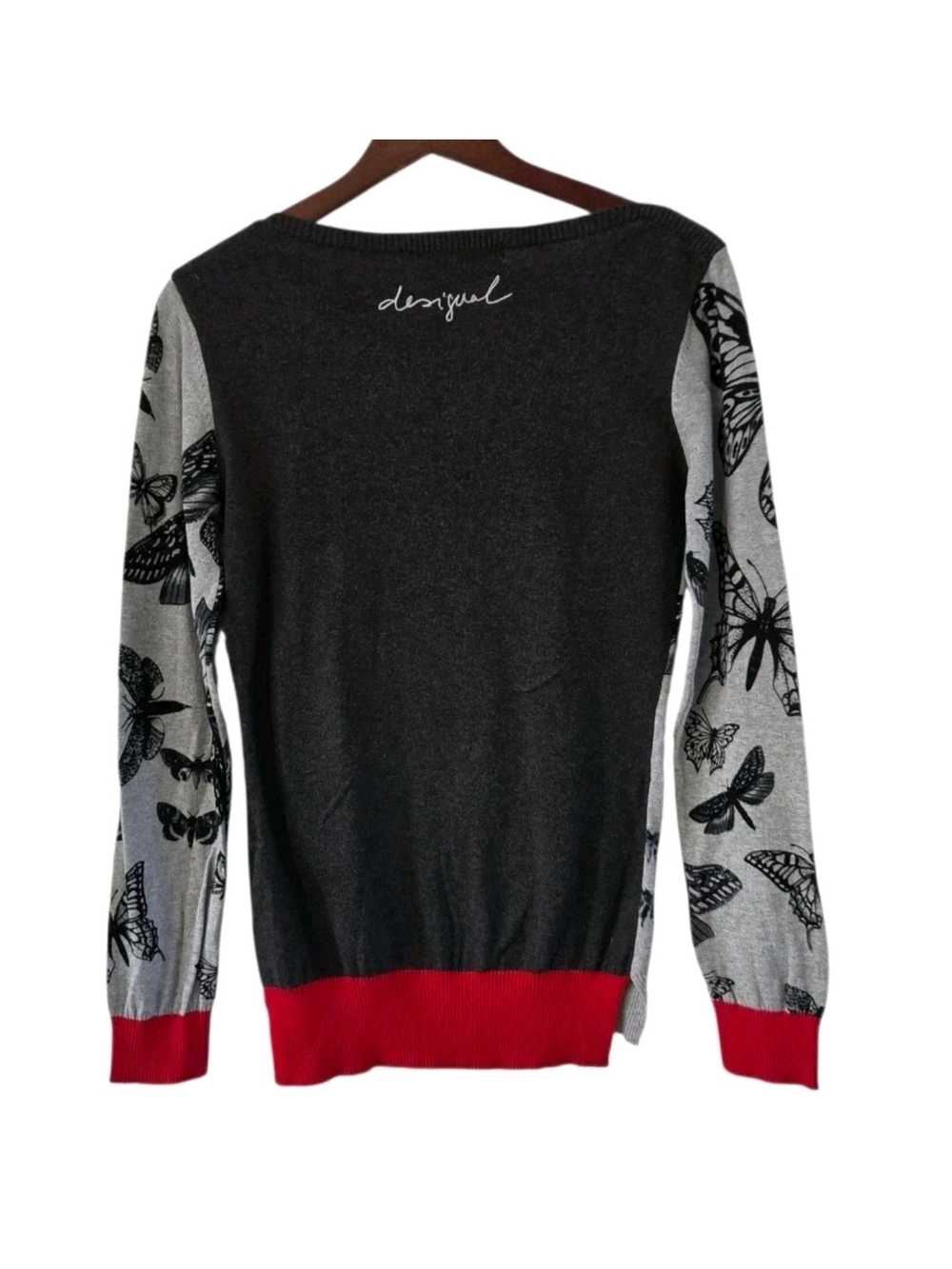 DESIGUAL Sequin Butterfly Sweater Gray Black Top Womens Size L - Picture 8 of 12